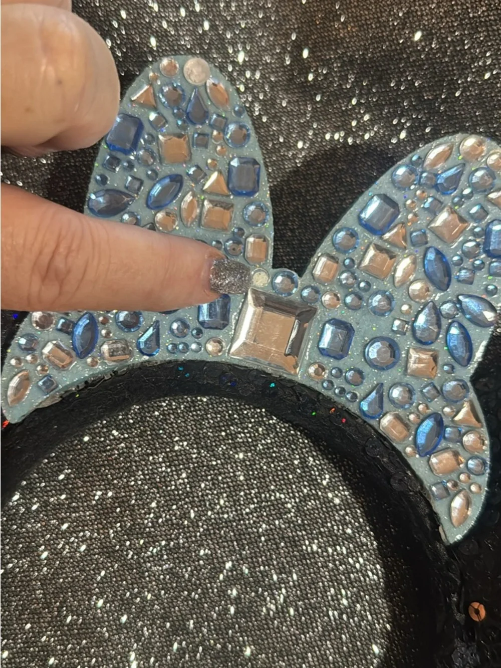 Disney parks , 60th Black Sequin Minnie Ears Headband with Blue Gem Bow